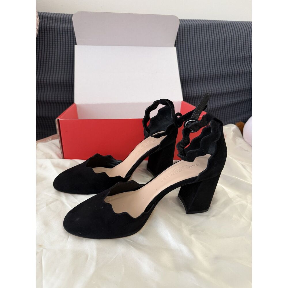 Club Monaco Scalloped Ankle Strap Block Heel Pumps - Black Suede - EU 37.5